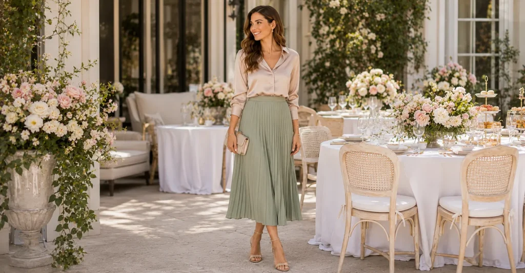 Bridal Shower Guest Outfit Ideas featuring a sage pleated midi skirt, champagne silk blouse, heels, and elegant jewelry.