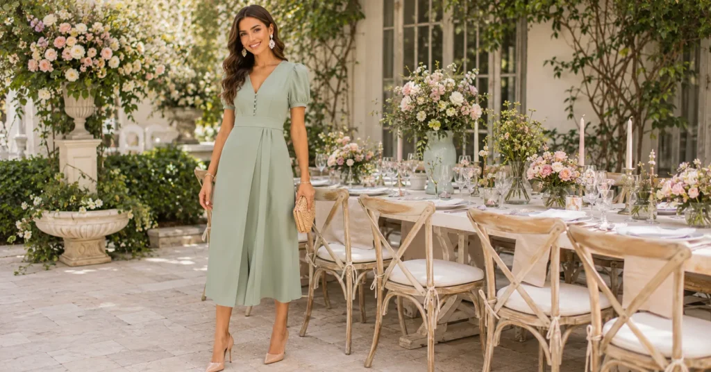 Bridal Shower Guest Outfit Ideas featuring a sleek sage-green midi dress with nude pumps and pearl earrings.
