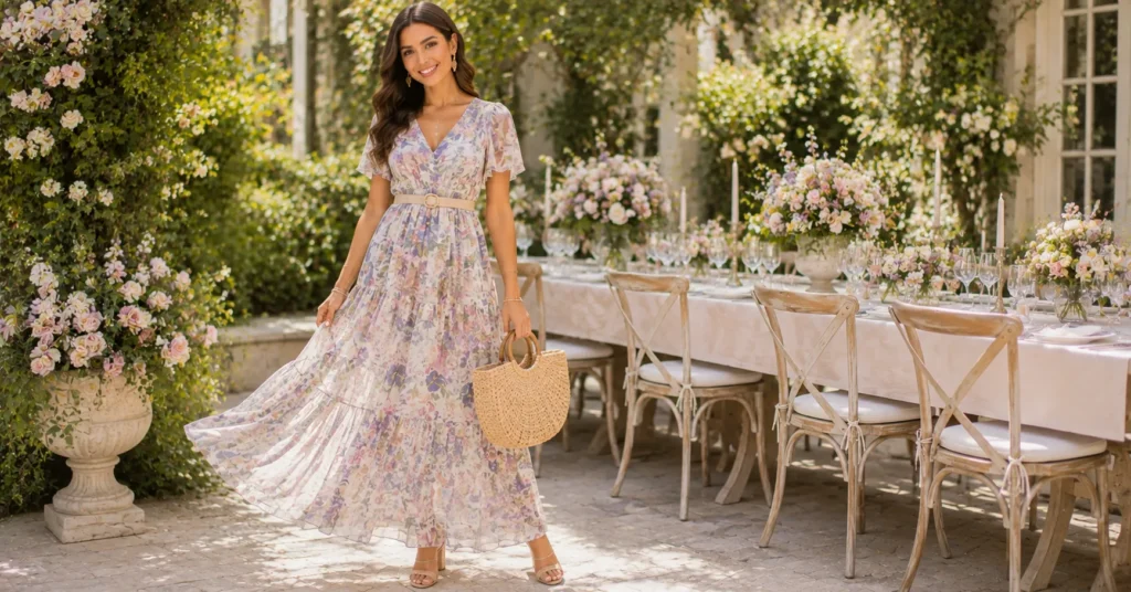 Bridal Shower Guest Outfit Ideas featuring a romantic floral maxi dress, strappy sandals, and a woven handbag.