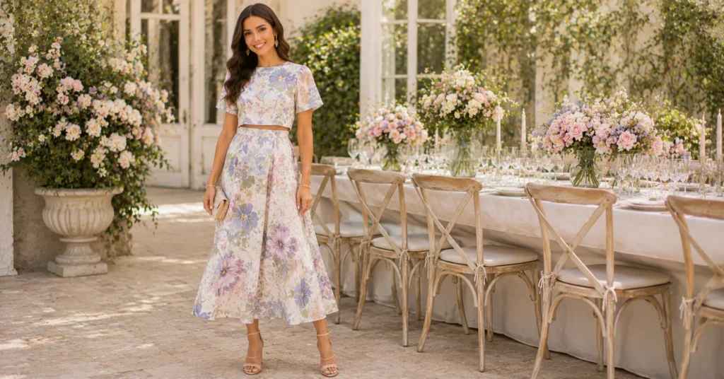 Bridal Shower Guest Outfit Ideas featuring a pastel floral co-ord set with a midi skirt, heels, and gold jewelry.