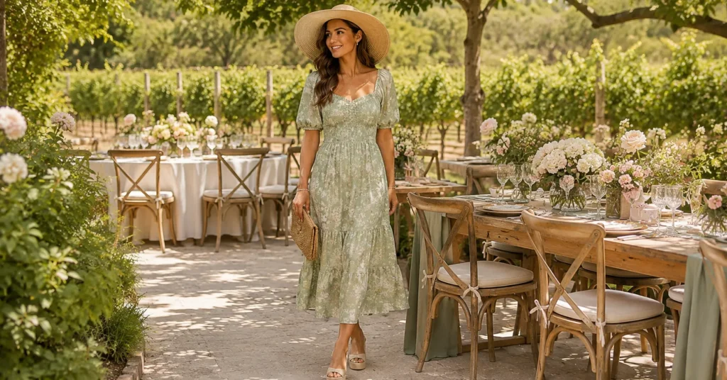 Bridal Shower Guest Outfit Ideas featuring a floral midi dress with wedge sandals, woven clutch, and straw hat.