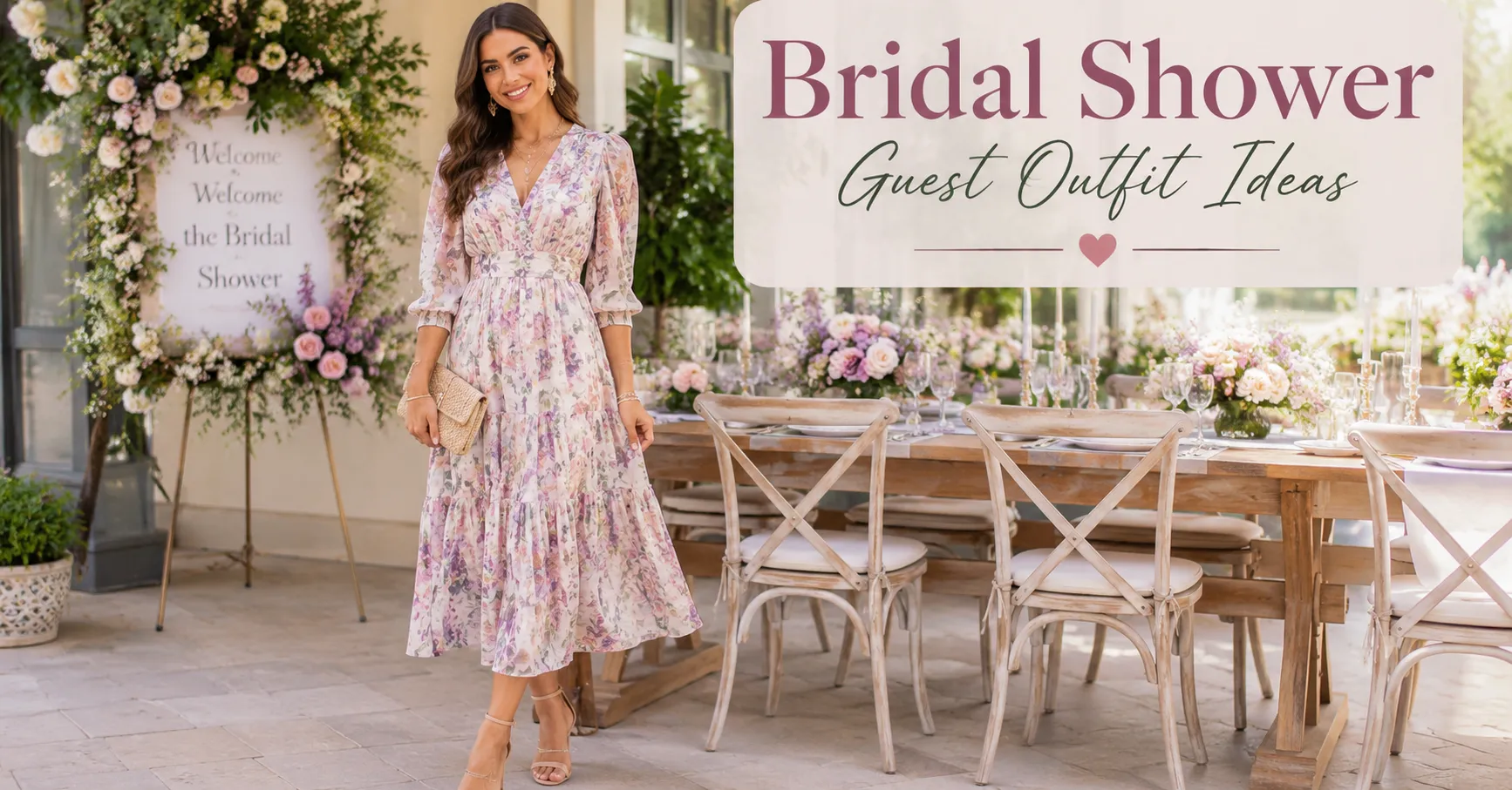 Bridal Shower Guest Outfit Ideas featuring an elegant pastel floral midi dress with delicate accessories.