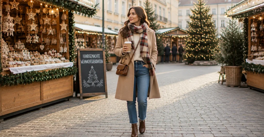 35 Stunning Christmas Market Outfit Ideas for a Cozy Winter Look 9 Budget-Friendly Christmas Market Outfit Ideas with jeans, a cozy sweater, wool coat, scarf, and ankle boots