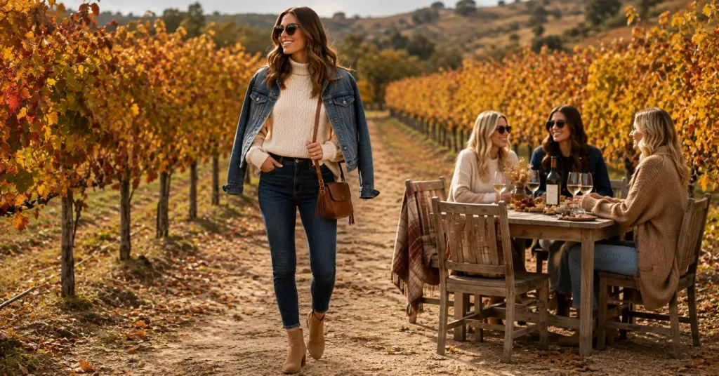 Casual Fall Winery Outfit Ideas with jeans, knit sweater, and ankle boots.