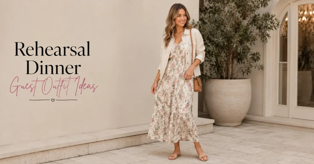 Casual Rehearsal Dinner Guest Outfit Ideas with floral sundress and flat sandals.