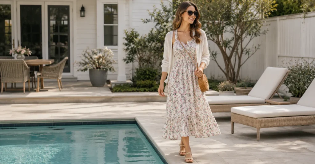 Effortless Wedding Farewell Brunch Outfit Ideas for the Morning After 3 Casual Wedding Farewell Brunch Outfit Ideas with floral sundress and flat sandals.