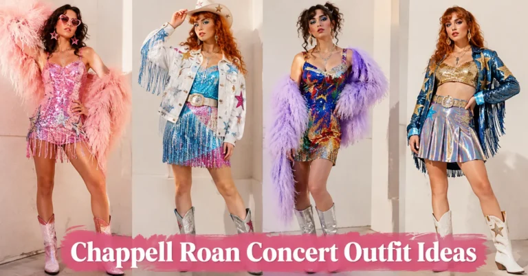 Chappell Roan Concert Outfit Ideas featuring bold camp-inspired fashion and colorful glamorous concert outfits