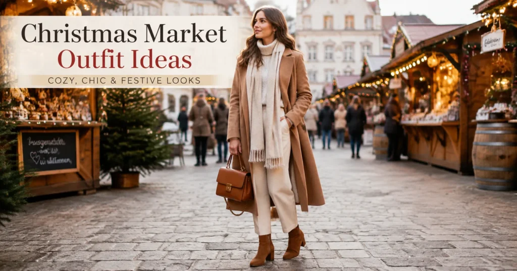 35 Stunning Christmas Market Outfit Ideas for a Cozy Winter Look 1 Christmas Market Outfit Ideas featuring a cozy camel wool coat, cream knit sweater, scarf, trousers, and winter boots
