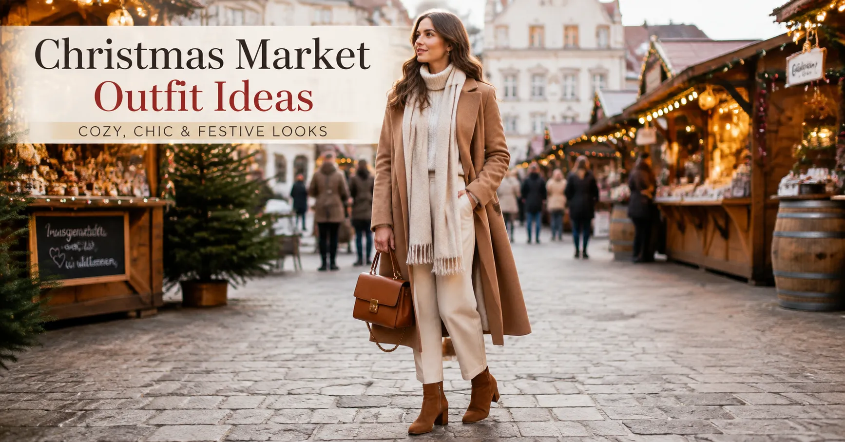 Christmas Market Outfit Ideas featuring a cozy camel wool coat, cream knit sweater, scarf, trousers, and winter boots
