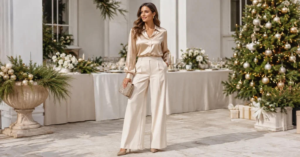15 Stunning Christmas Party Outfit Ideas Women Will Love in 2026 14 Christmas Party Outfit Ideas Women featuring a champagne satin blouse, tailored cream trousers, heels, and elegant gold accessories.