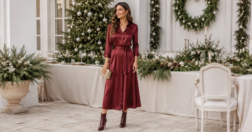 15 Stunning Christmas Party Outfit Ideas Women Will Love in 2026 15 Christmas Party Outfit Ideas Women featuring a burgundy satin shirt dress with a waist belt, ankle boots, and gold jewelry.