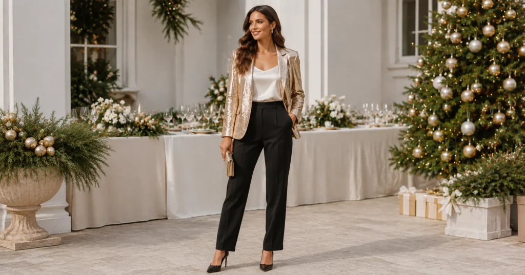 15 Stunning Christmas Party Outfit Ideas Women Will Love in 2026 17 Christmas Party Outfit Ideas Women featuring a champagne sequin blazer, ivory blouse, tailored black trousers, and elegant heels.