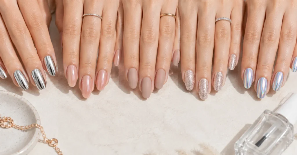 40 Stunning Chrome Nails Ideas That Are Trending in 2026 10 Chrome Nails Ideas compared with glossy gel, matte, glitter and holographic nail finishes