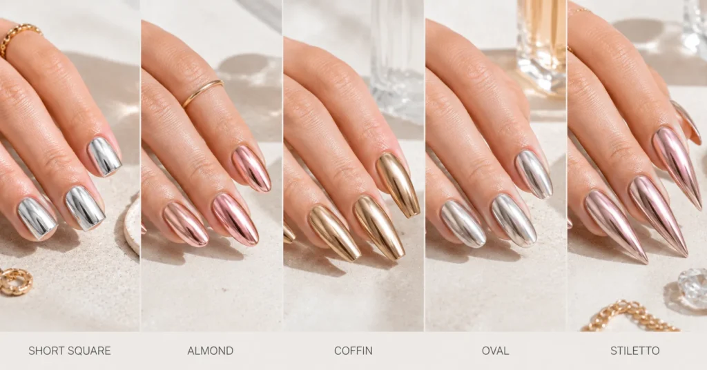 40 Stunning Chrome Nails Ideas That Are Trending in 2026 9 Chrome Nails Ideas comparing silver chrome on square, almond, coffin, oval and stiletto nail shapes