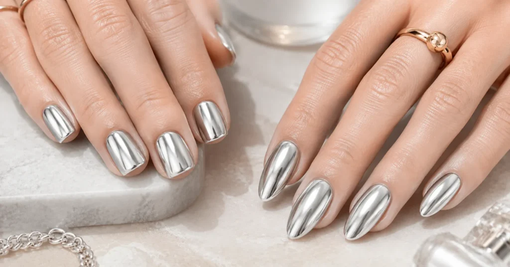 40 Stunning Chrome Nails Ideas That Are Trending in 2026 3 Chrome Nails Ideas featuring classic silver mirror chrome on short square and almond nails