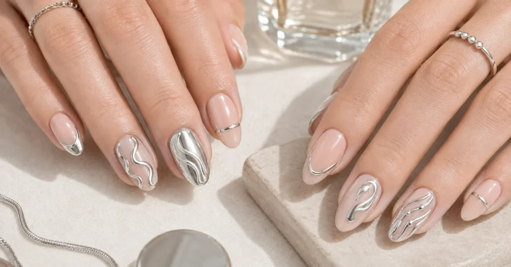 40 Stunning Chrome Nails Ideas That Are Trending in 2026 7 Chrome Nails Ideas featuring detailed chrome French tips, swirls, lines and nail art