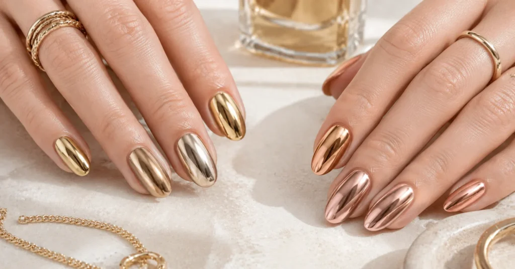 40 Stunning Chrome Nails Ideas That Are Trending in 2026 4 Chrome Nails Ideas featuring gold, rose gold, champagne and warm metallic chrome nails