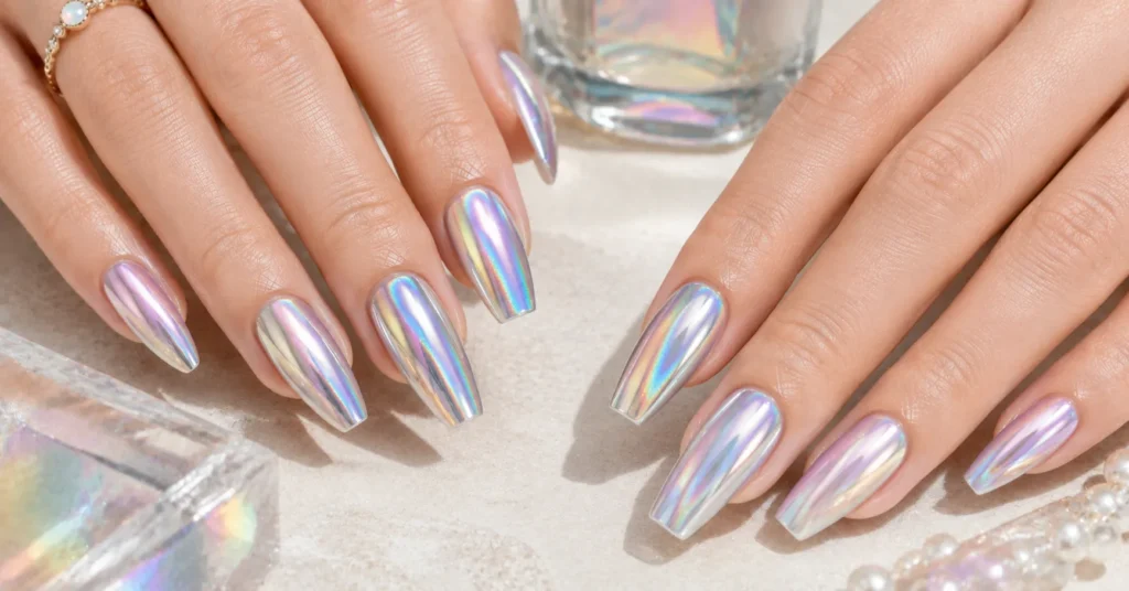 40 Stunning Chrome Nails Ideas That Are Trending in 2026 6 Chrome Nails Ideas featuring holographic and color-shifting chrome on almond nails