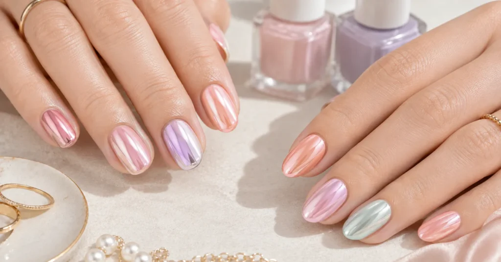 40 Stunning Chrome Nails Ideas That Are Trending in 2026 5 Chrome Nails Ideas featuring soft rose, pink, lavender, peach and pastel chrome designs
