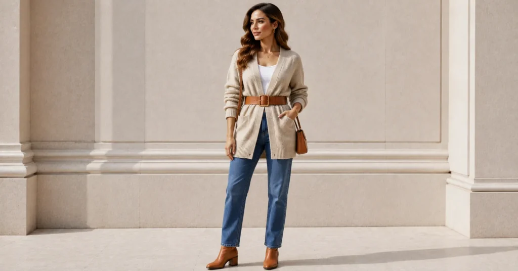 12 Stunning Chunky Belt Outfit Ideas to Elevate Your 2026 Wardrobe 12 Chunky Belt Outfit Ideas with an oversized cardigan, jeans and a leather belt