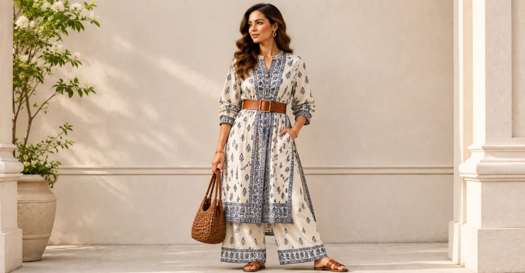 12 Stunning Chunky Belt Outfit Ideas to Elevate Your 2026 Wardrobe 13 Chunky Belt Outfit Ideas with a printed kurta and contemporary leather belt