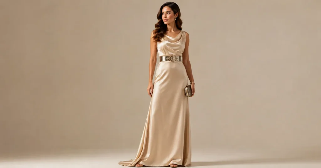 12 Stunning Chunky Belt Outfit Ideas to Elevate Your 2026 Wardrobe 14 Chunky Belt Outfit Ideas with a champagne evening gown and metallic statement belt
