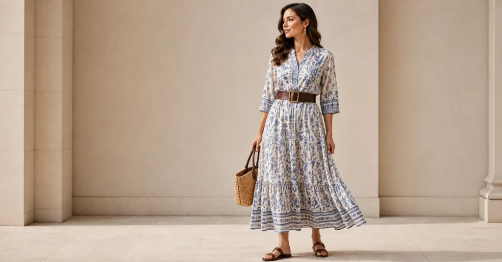 12 Stunning Chunky Belt Outfit Ideas to Elevate Your 2026 Wardrobe 5 Chunky Belt Outfit Ideas with a flowy printed midi dress and leather waist belt