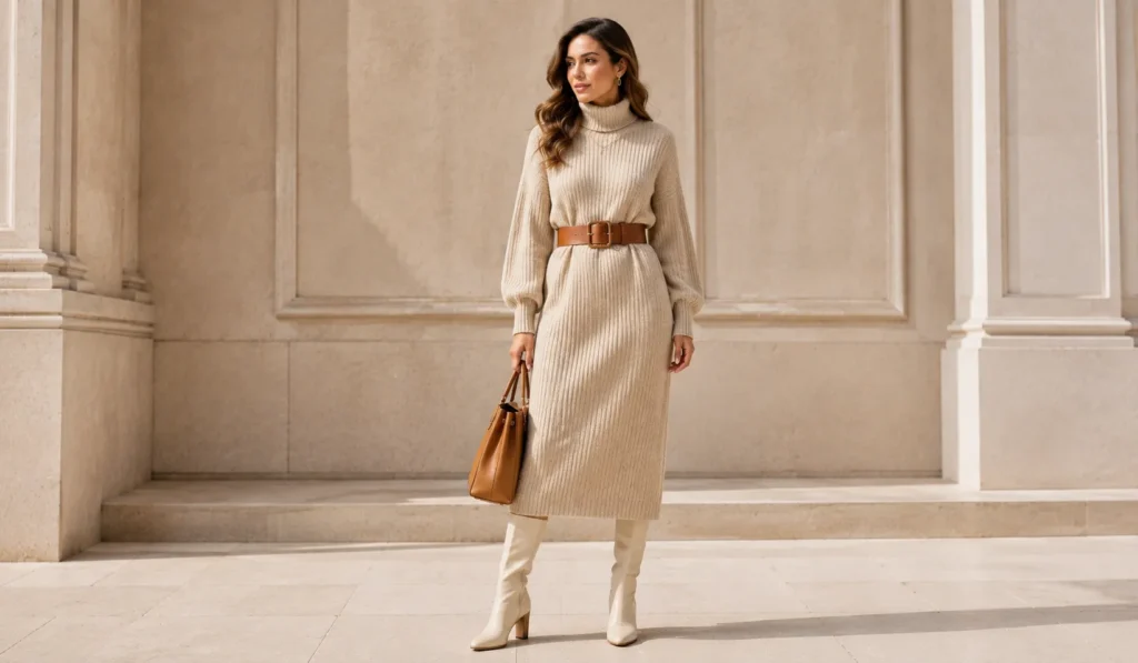 12 Stunning Chunky Belt Outfit Ideas to Elevate Your 2026 Wardrobe 7 Chunky Belt Outfit Ideas with a knit sweater dress and tall boots