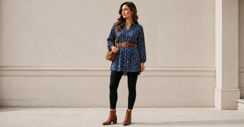 12 Stunning Chunky Belt Outfit Ideas to Elevate Your 2026 Wardrobe 8 Chunky Belt Outfit Ideas with an indigo tunic, leggings and a wide leather belt