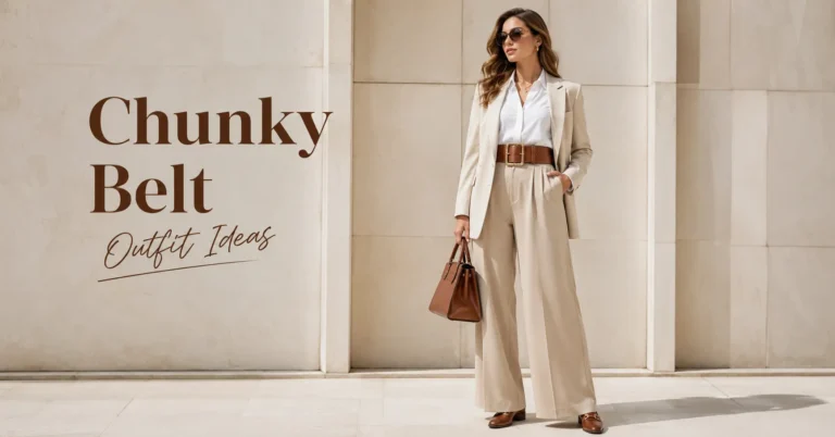 Chunky Belt Outfit Ideas featuring a sophisticated belted blazer and wide-leg trousers for 2026 fashion