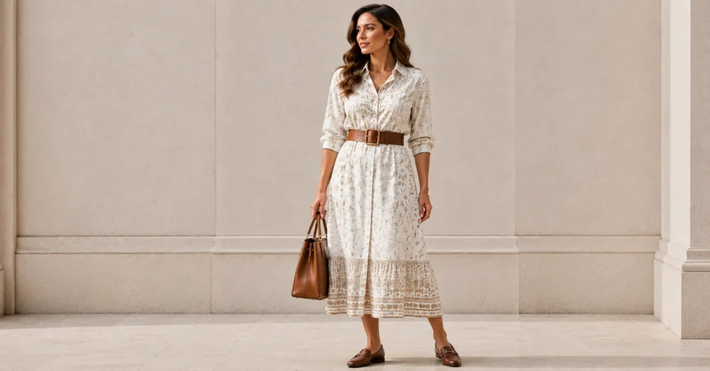 12 Stunning Chunky Belt Outfit Ideas to Elevate Your 2026 Wardrobe 10 Chunky Belt Outfit Ideas with a printed belted shirt dress and loafers