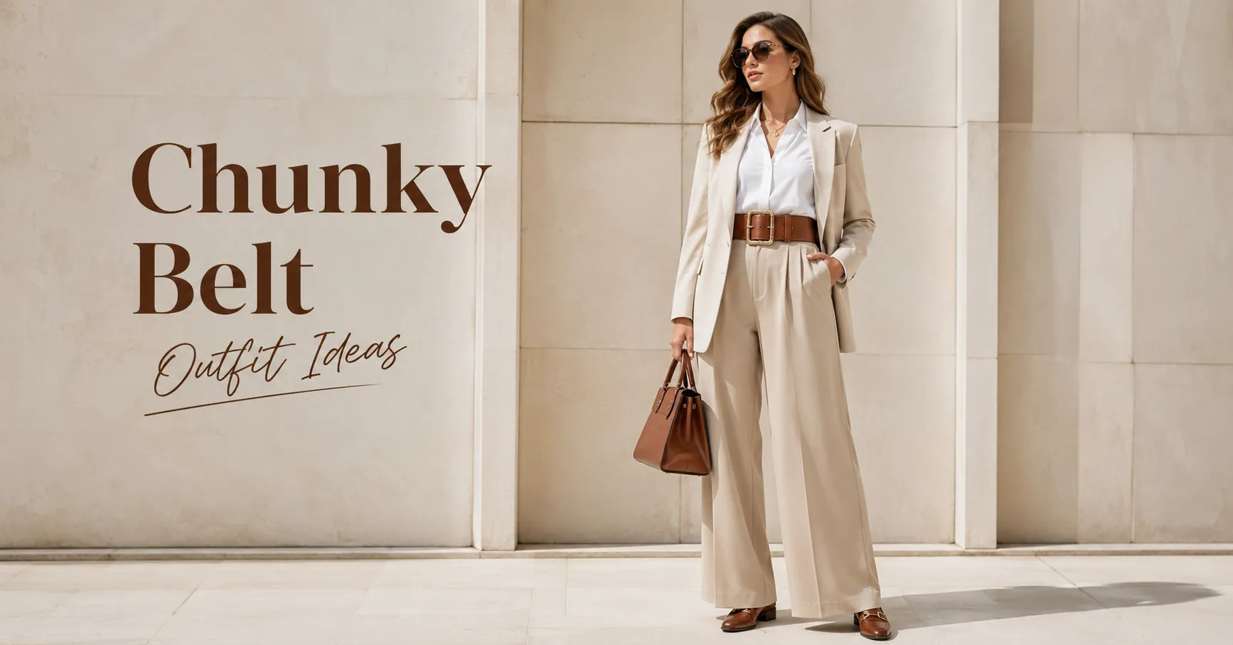 Chunky Belt Outfit Ideas featuring a sophisticated belted blazer and wide-leg trousers for 2026 fashion