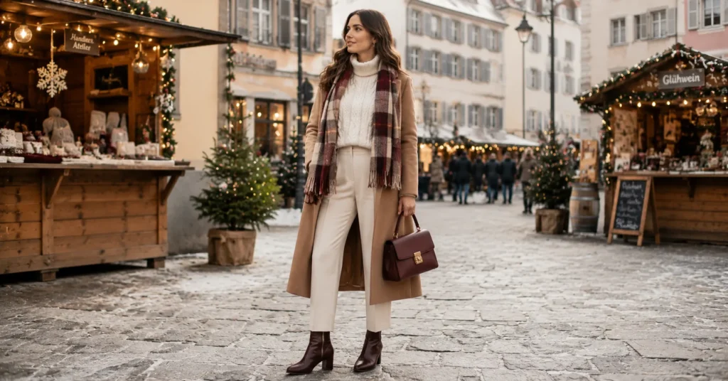 35 Stunning Christmas Market Outfit Ideas for a Cozy Winter Look 3 Classic and Timeless Christmas Market Outfit Ideas with a camel wool coat and cream knit sweater