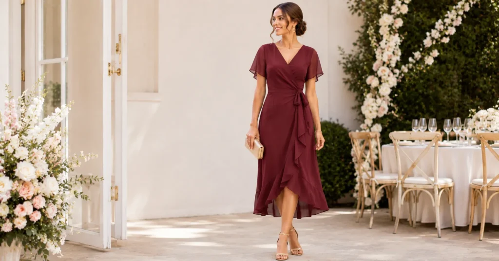 35 Stunning Cocktail Wedding Guest Outfit Ideas for an Elegant Celebration 4 Cocktail Wedding Guest Outfit Ideas featuring a flattering burgundy wrap dress and elegant wedding accessories