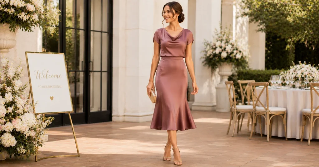 35 Stunning Cocktail Wedding Guest Outfit Ideas for an Elegant Celebration 8 Cocktail Wedding Guest Outfit Ideas featuring a sophisticated two-piece satin top and midi skirt set