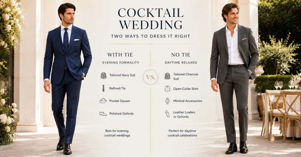 35 Stunning Cocktail Wedding Guest Outfit Ideas for an Elegant Celebration 13 Cocktail Wedding Guest Outfit Ideas showing the difference between a polished suit with tie and a no-tie cocktail look
