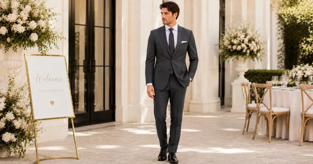 35 Stunning Cocktail Wedding Guest Outfit Ideas for an Elegant Celebration 11 Cocktail Wedding Guest Outfit Ideas for Men featuring a tailored charcoal gray suit, white shirt, and polished dress shoes