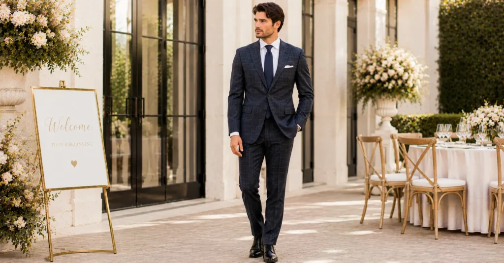 35 Stunning Cocktail Wedding Guest Outfit Ideas for an Elegant Celebration 12 Cocktail Wedding Guest Outfit Ideas for Men with a sophisticated patterned suit, dress shirt, tie, and leather shoes