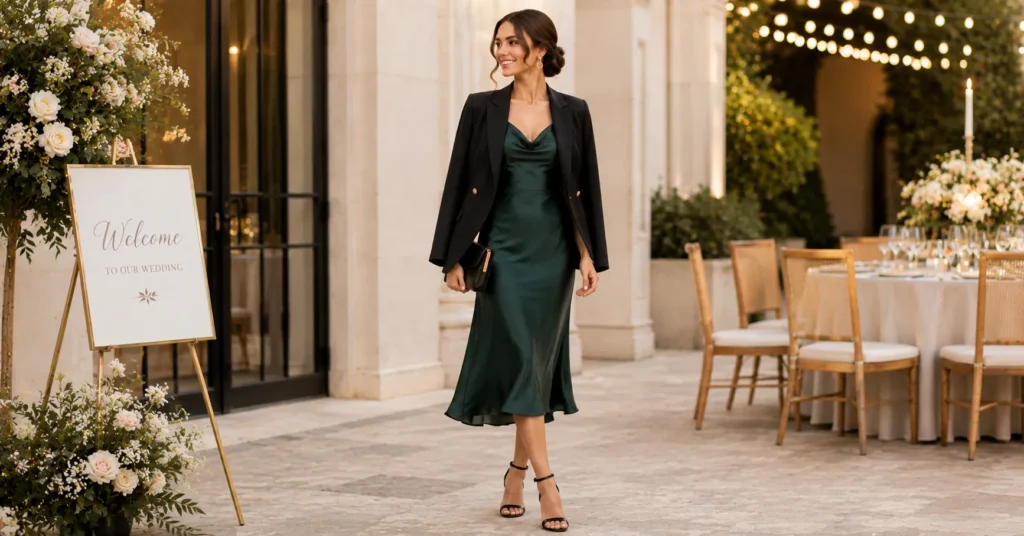 35 Stunning Cocktail Wedding Guest Outfit Ideas for an Elegant Celebration 5 Cocktail Wedding Guest Outfit Ideas with a satin slip dress, tailored blazer, heels, and clutch