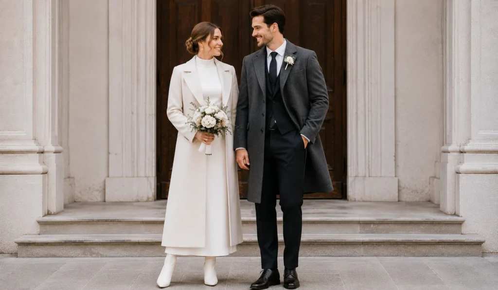 Effortless Courthouse Wedding Outfit Ideas for Every Style 15 Courthouse Wedding Outfit Ideas featuring stylish cool-weather civil wedding attire.