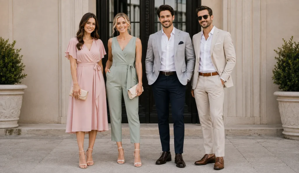 Effortless Courthouse Wedding Outfit Ideas for Every Style 12 Courthouse Wedding Outfit Ideas for guests wearing elegant semi-formal outfits.
