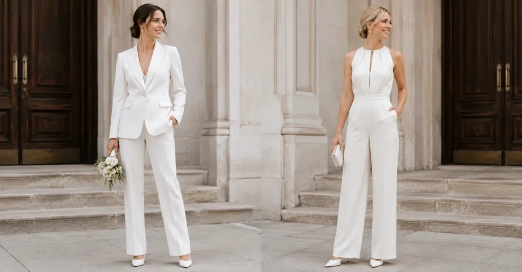 Effortless Courthouse Wedding Outfit Ideas for Every Style 4 Courthouse Wedding Outfit Ideas with a chic bridal suit and elegant jumpsuit.
