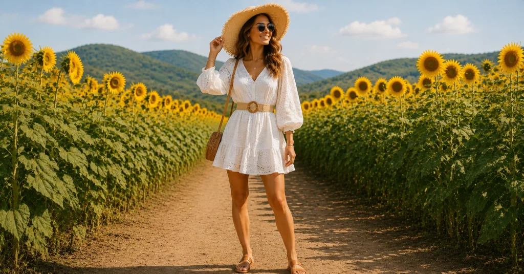 Cute Sunflower Field Outfit Ideas for stylish social media photos.