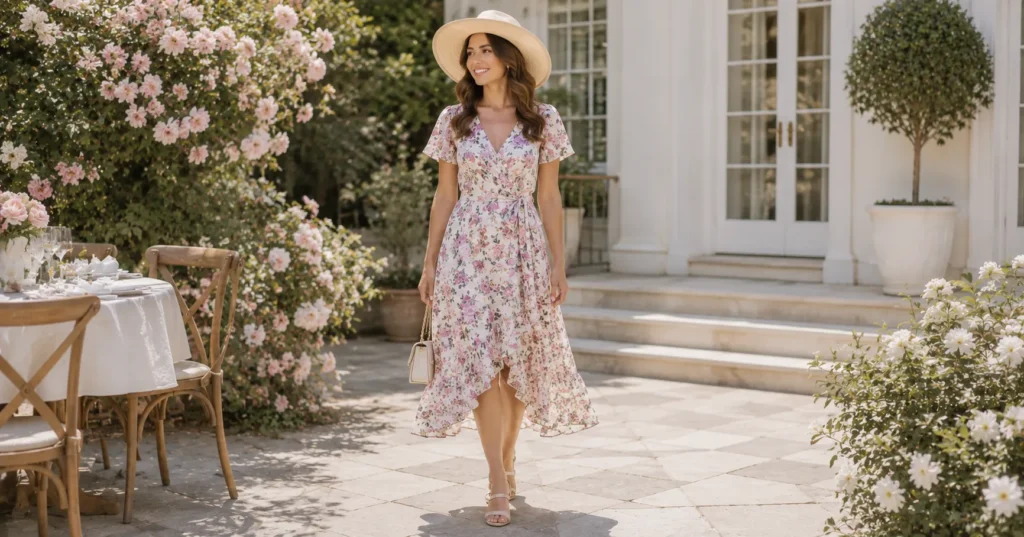 Effortless Wedding Farewell Brunch Outfit Ideas for the Morning After 5 Dressy casual Wedding Farewell Brunch Outfit Ideas with floral wrap dress.