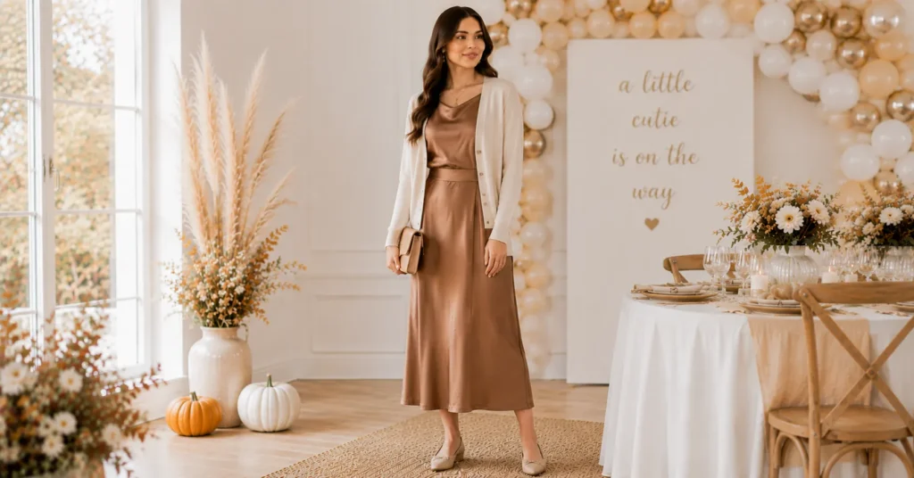 Fall Baby Shower Outfit Ideas: 25 Effortless Looks Every Guest Will Love 13 Fall Baby Shower Outfit Ideas featuring a bronze midi dress and fine-knit cardigan