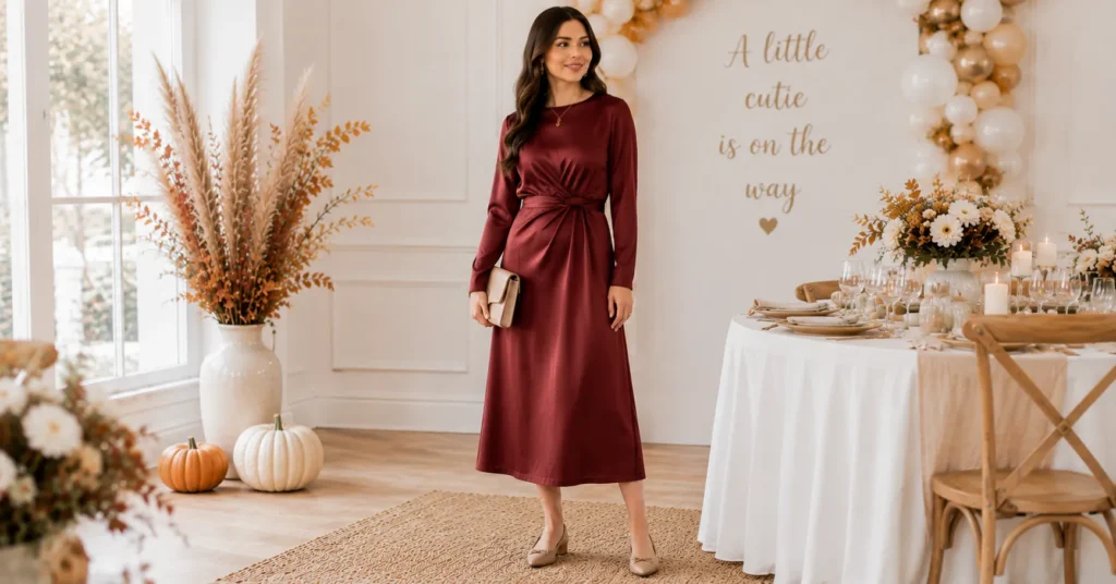 Fall Baby Shower Outfit Ideas: 25 Effortless Looks Every Guest Will Love 9 Fall Baby Shower Outfit Ideas featuring a burgundy satin midi dress.