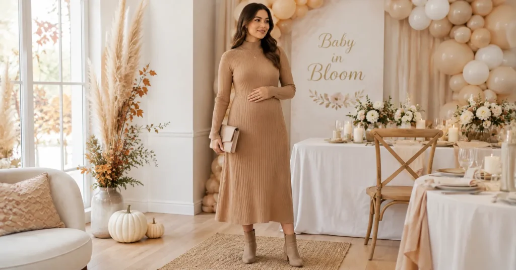 Fall Baby Shower Outfit Ideas: 25 Effortless Looks Every Guest Will Love 3 Fall Baby Shower Outfit Ideas featuring a camel sweater dress with ankle boots.
