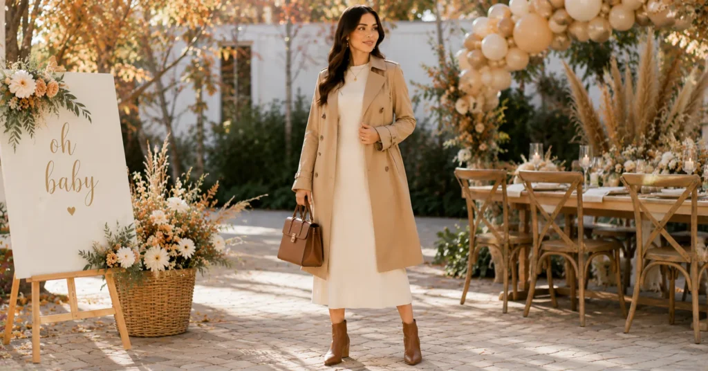 Fall Baby Shower Outfit Ideas: 25 Effortless Looks Every Guest Will Love 16 Fall Baby Shower Outfit Ideas featuring a camel trench coat layered over a midi dress