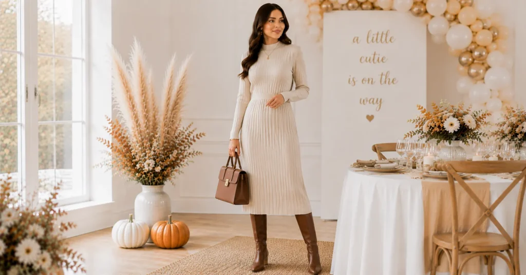 Fall Baby Shower Outfit Ideas: 25 Effortless Looks Every Guest Will Love 15 Fall Baby Shower Outfit Ideas featuring a coordinated sweater and midi skirt set