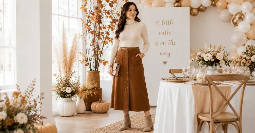Fall Baby Shower Outfit Ideas: 25 Effortless Looks Every Guest Will Love 7 Fall Baby Shower Outfit Ideas featuring a corduroy midi skirt and turtleneck.
